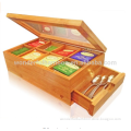 Best Bamboo Tea Box Natural Chest with Clear Hinged Lid, 8 Storage Sections with Expandable Drawer